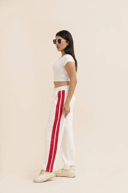 White Straight-Leg Trousers with Stripe For Women-2558