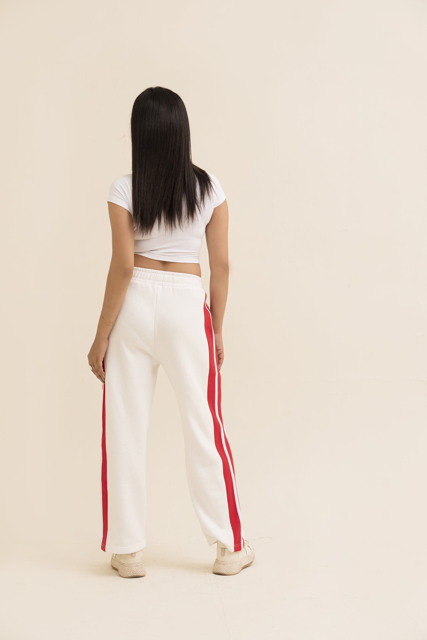 White Straight-Leg Trousers with Stripe For Women-2558