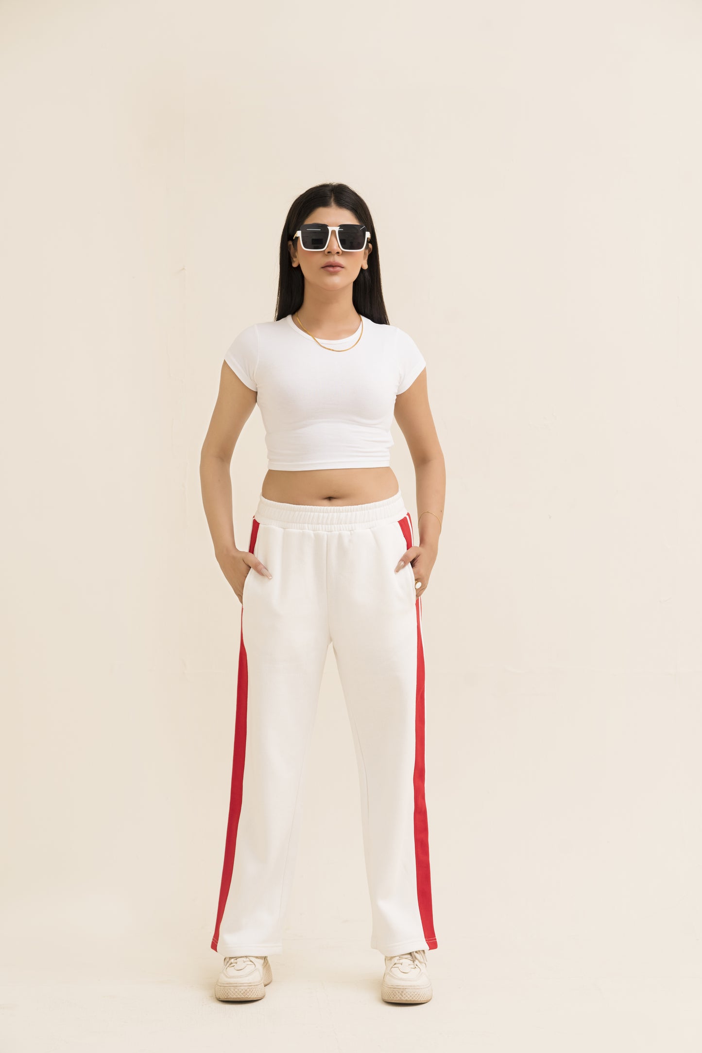 White Straight-Leg Trousers with Stripe For Women-2558