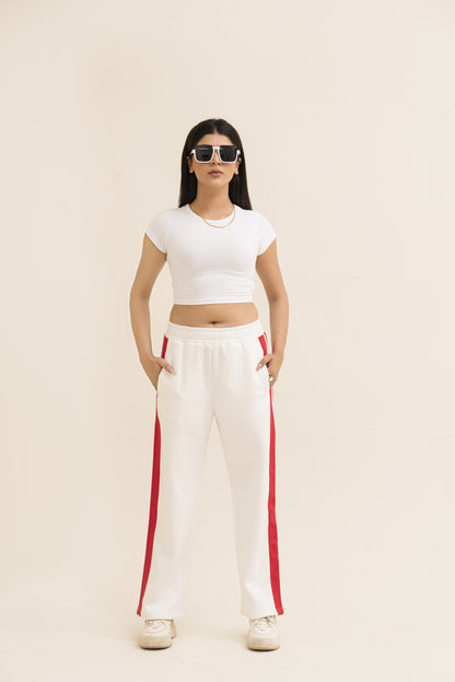 White Straight-Leg Trousers with Stripe For Women-2558