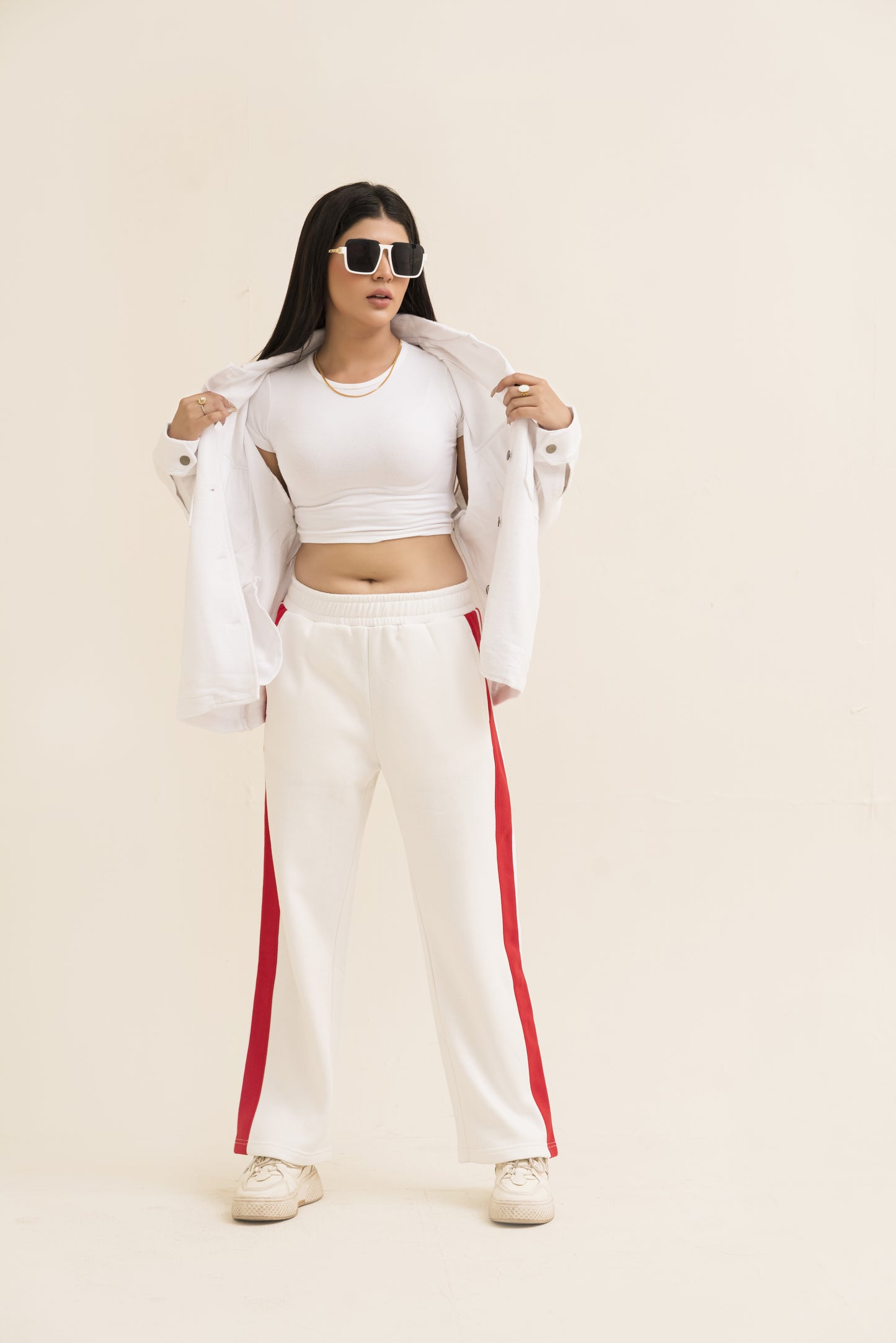 White Straight-Leg Trousers with Stripe For Women-2558