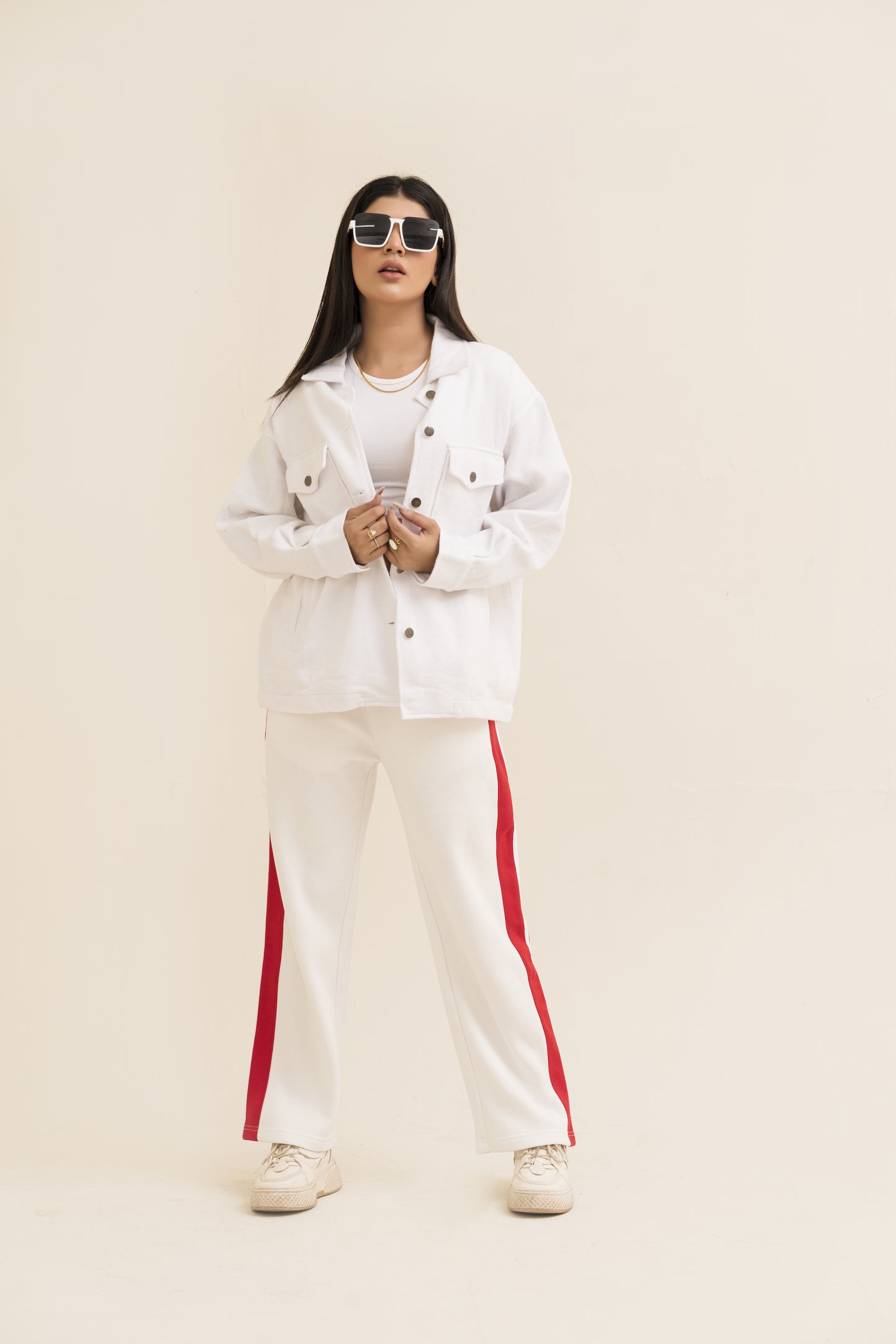 White Straight-Leg Trousers with Stripe For Women-2558