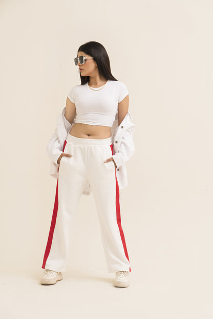 White Straight-Leg Trousers with Stripe For Women-2558