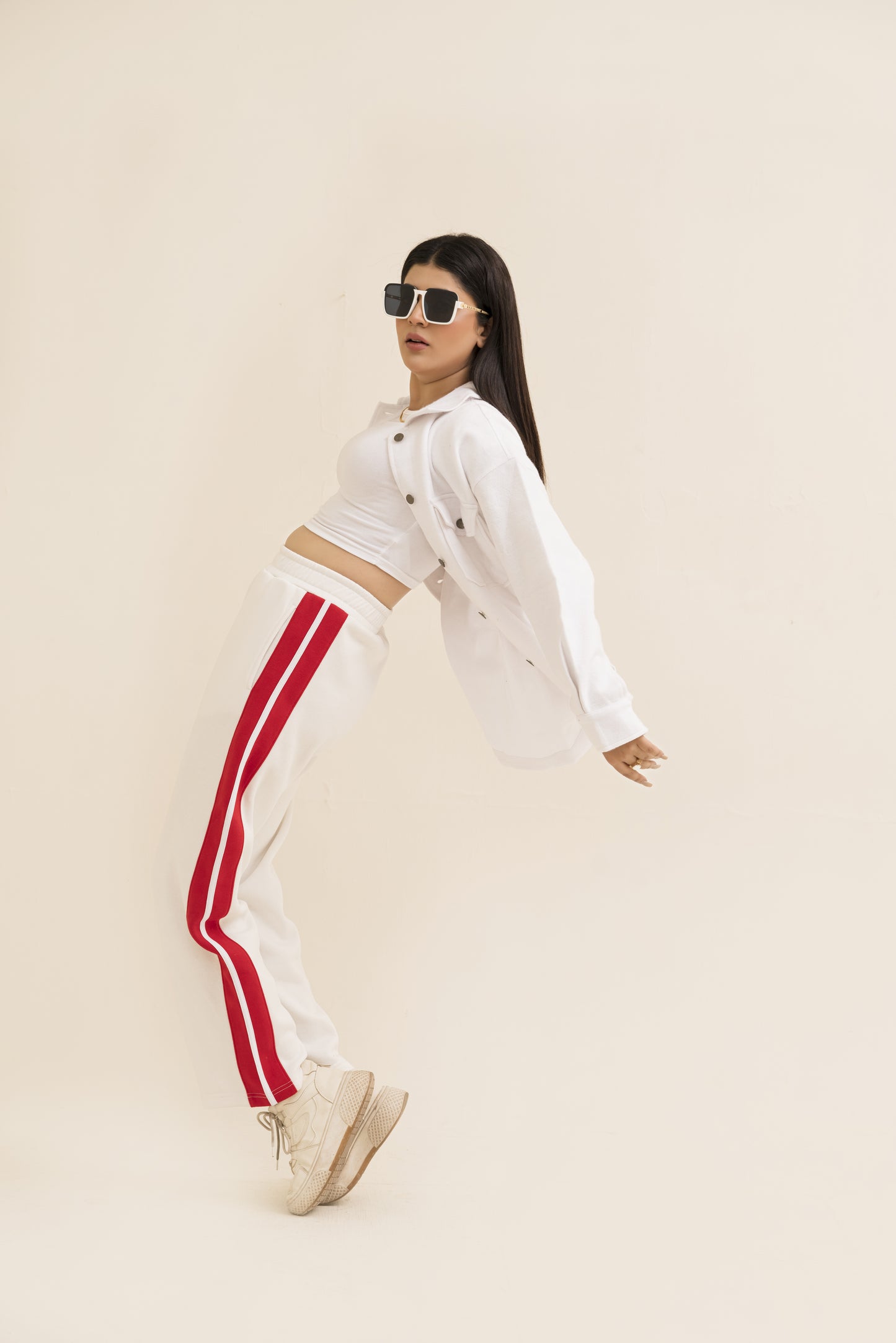 White Straight-Leg Trousers with Stripe For Women-2558