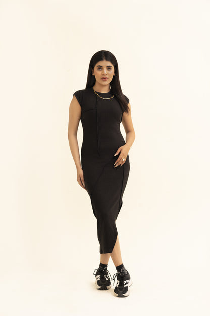 Boohoo Seam Detail Asymmetric Midi Dress-2329-Black