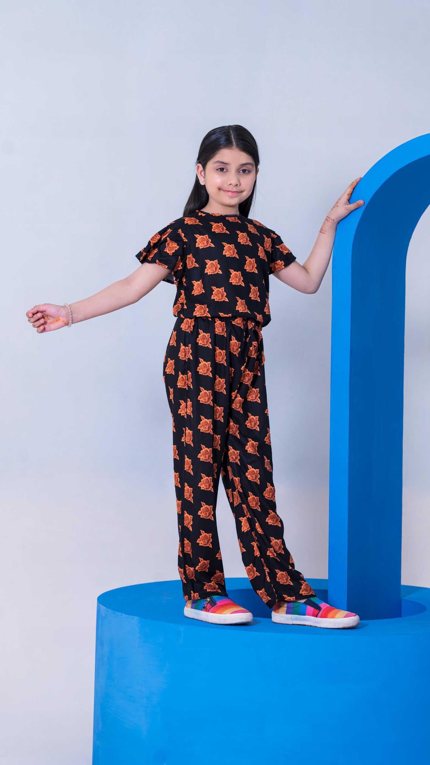 Allover Rose Print Belted Jumpsuit Girls-2399-Black