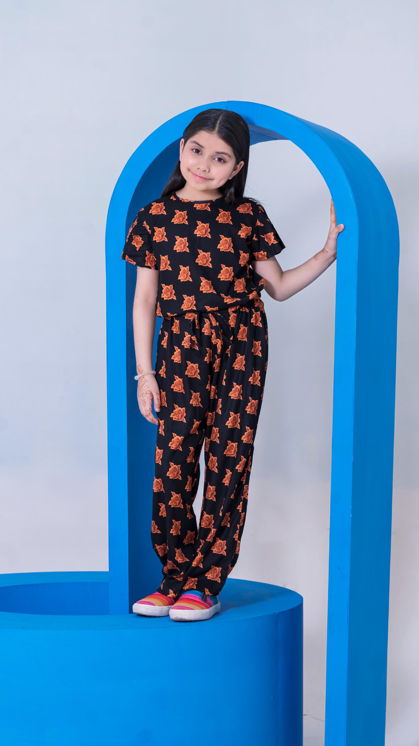 Allover Rose Print Belted Jumpsuit Girls-2399-Black