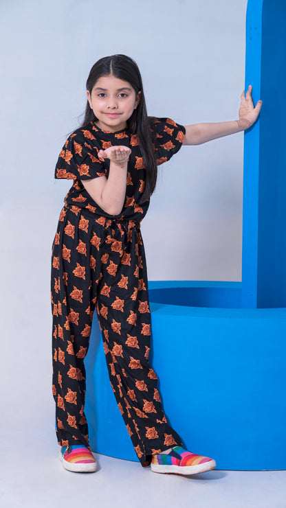 Allover Rose Print Belted Jumpsuit Girls-2399-Black