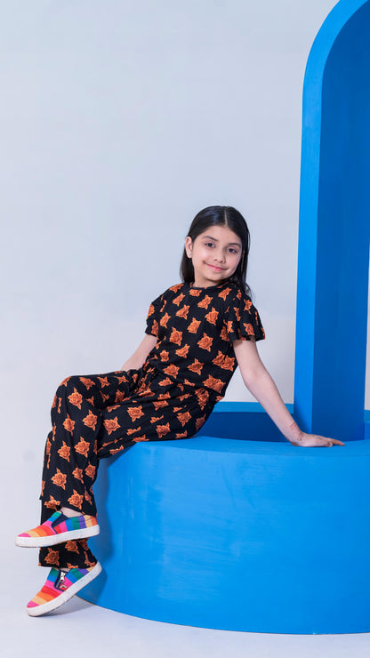 Allover Rose Print Belted Jumpsuit Girls-2399-Black