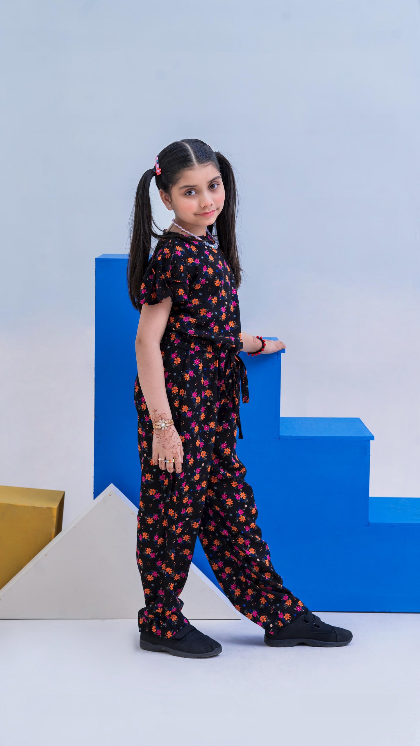 Allover Floral Print Belted Jumpsuit Girls-2397-Black