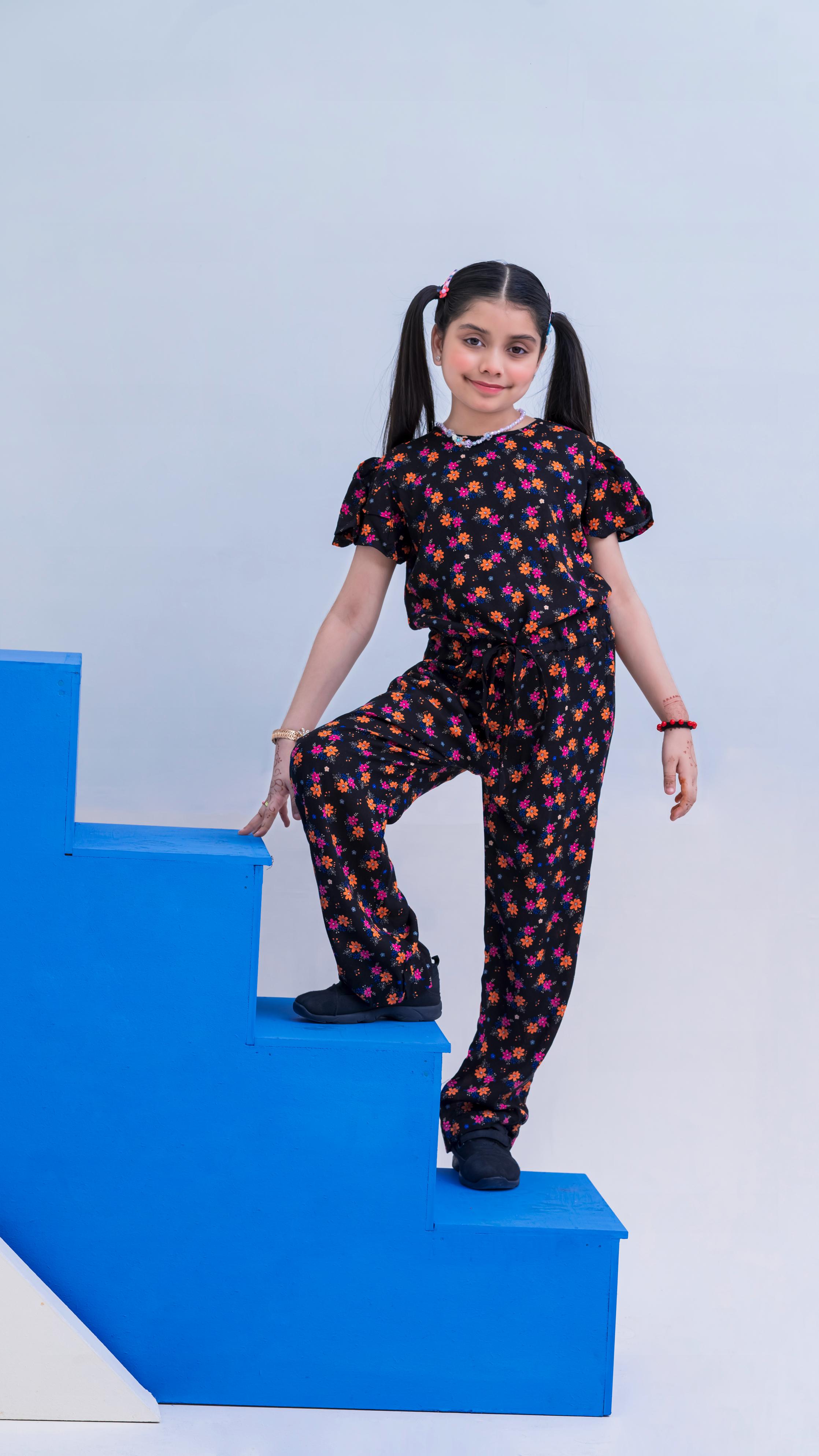 Allover Floral Print Belted Jumpsuit Girls-2397-Black