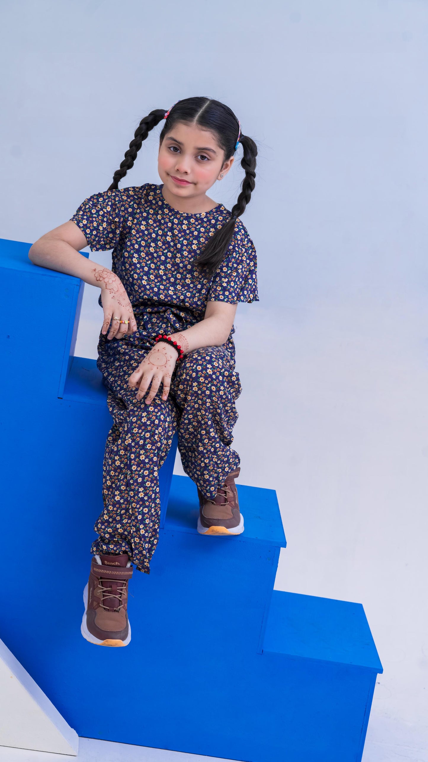 Allover Floral Print Belted Jumpsuit Girls-2401-Navy