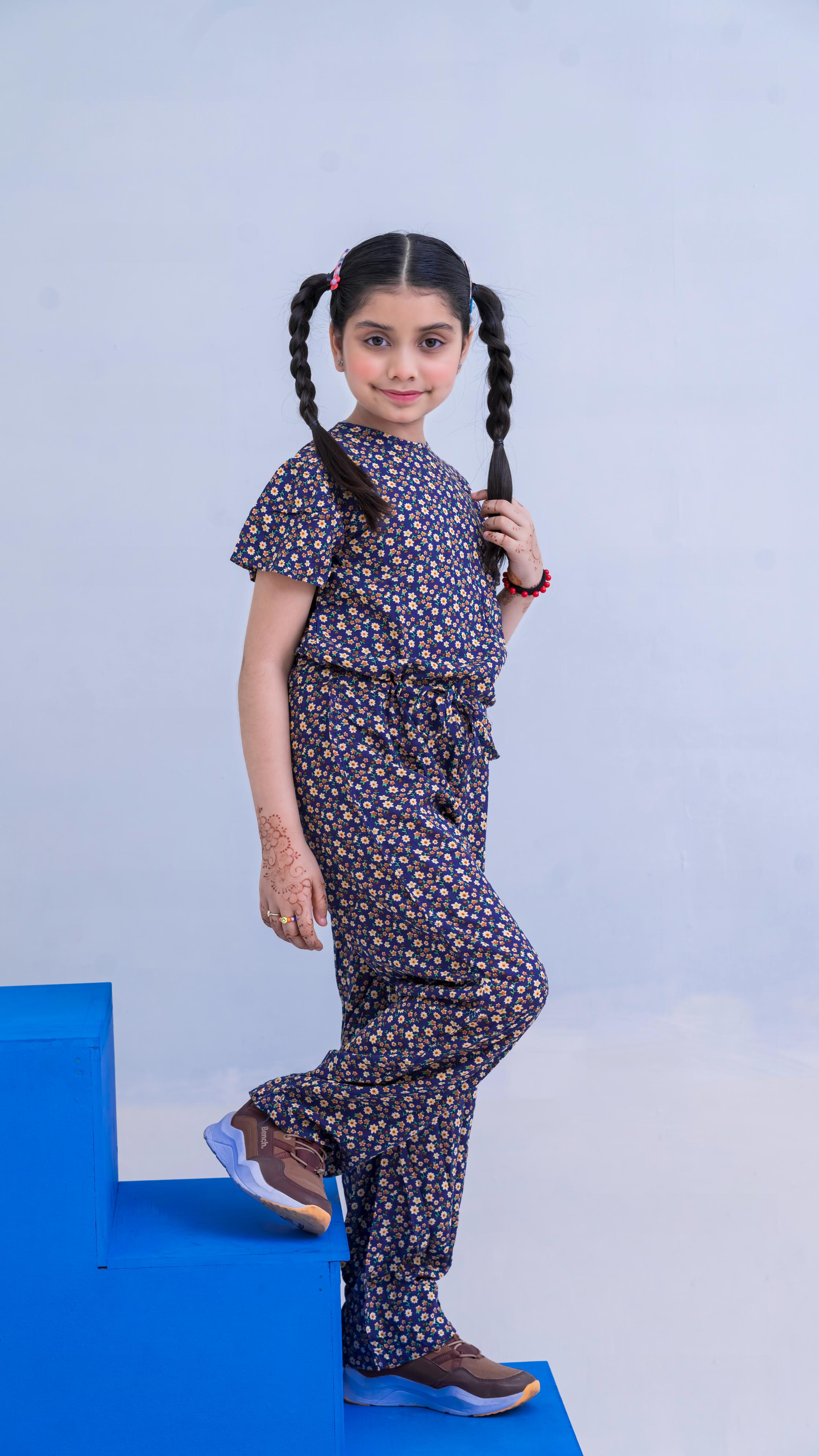 Allover Floral Print Belted Jumpsuit Girls-2401-Navy