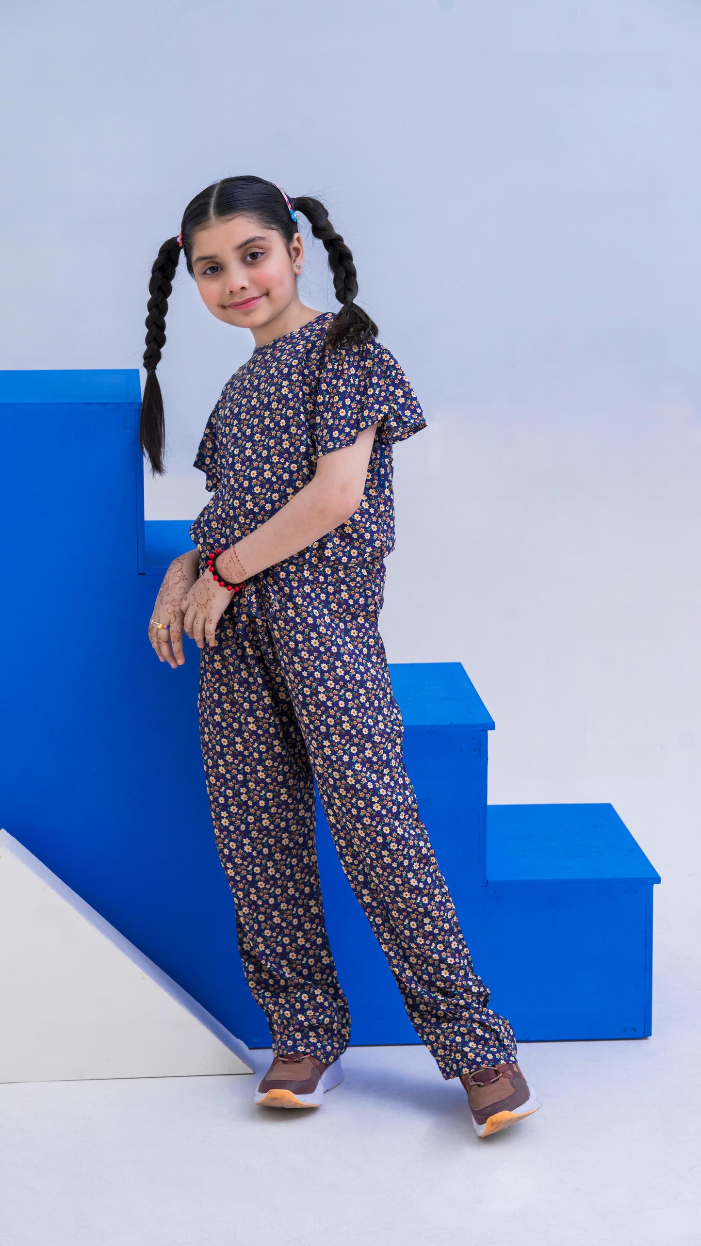 Allover Floral Print Belted Jumpsuit Girls-2401-Navy