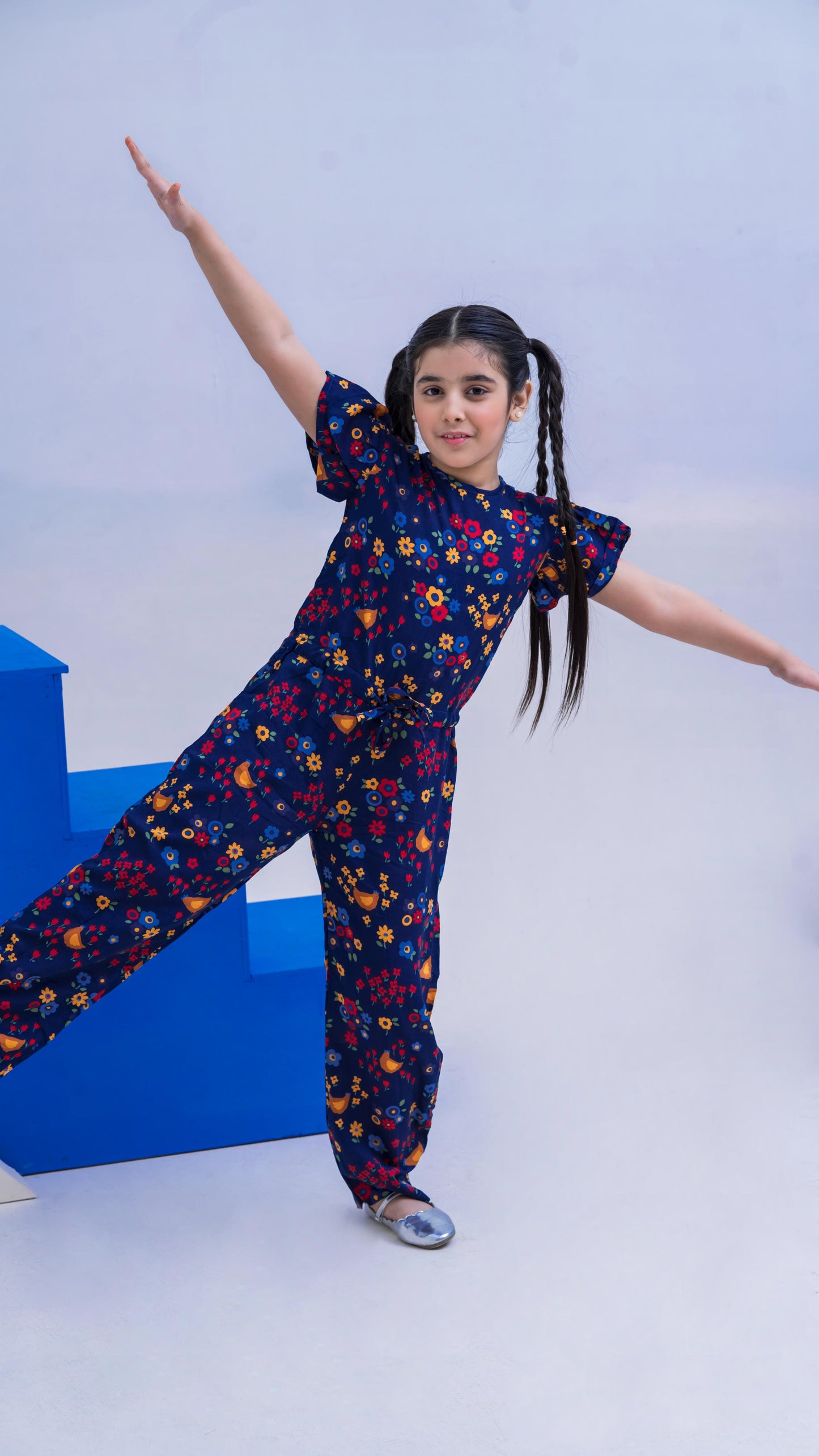 Allover Flowers Print Belted Jumpsuit Girls-2403-Navy