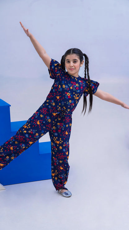 Allover Flowers Print Belted Jumpsuit Girls-2403-Navy