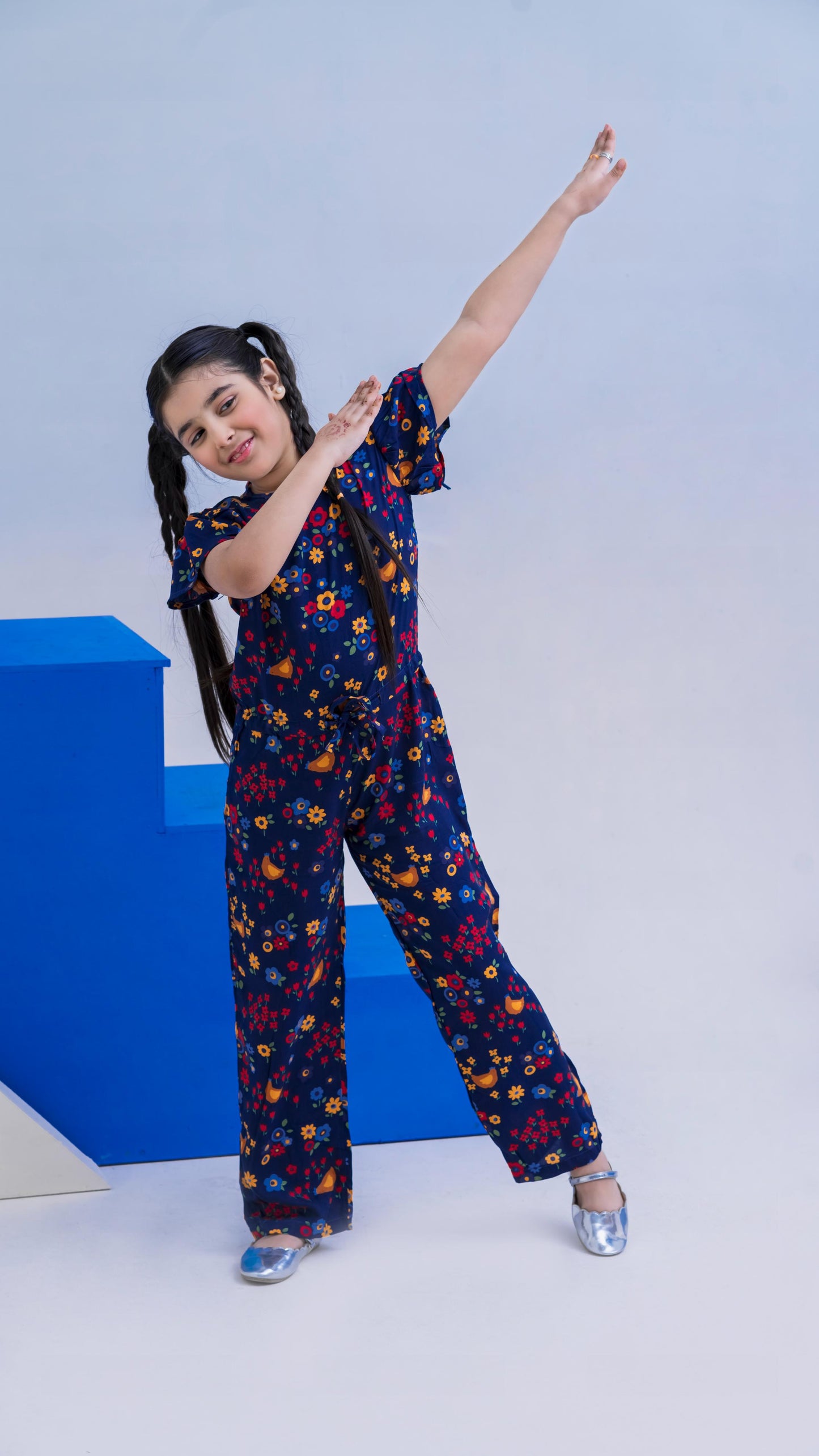 Allover Flowers Print Belted Jumpsuit Girls-2403-Navy