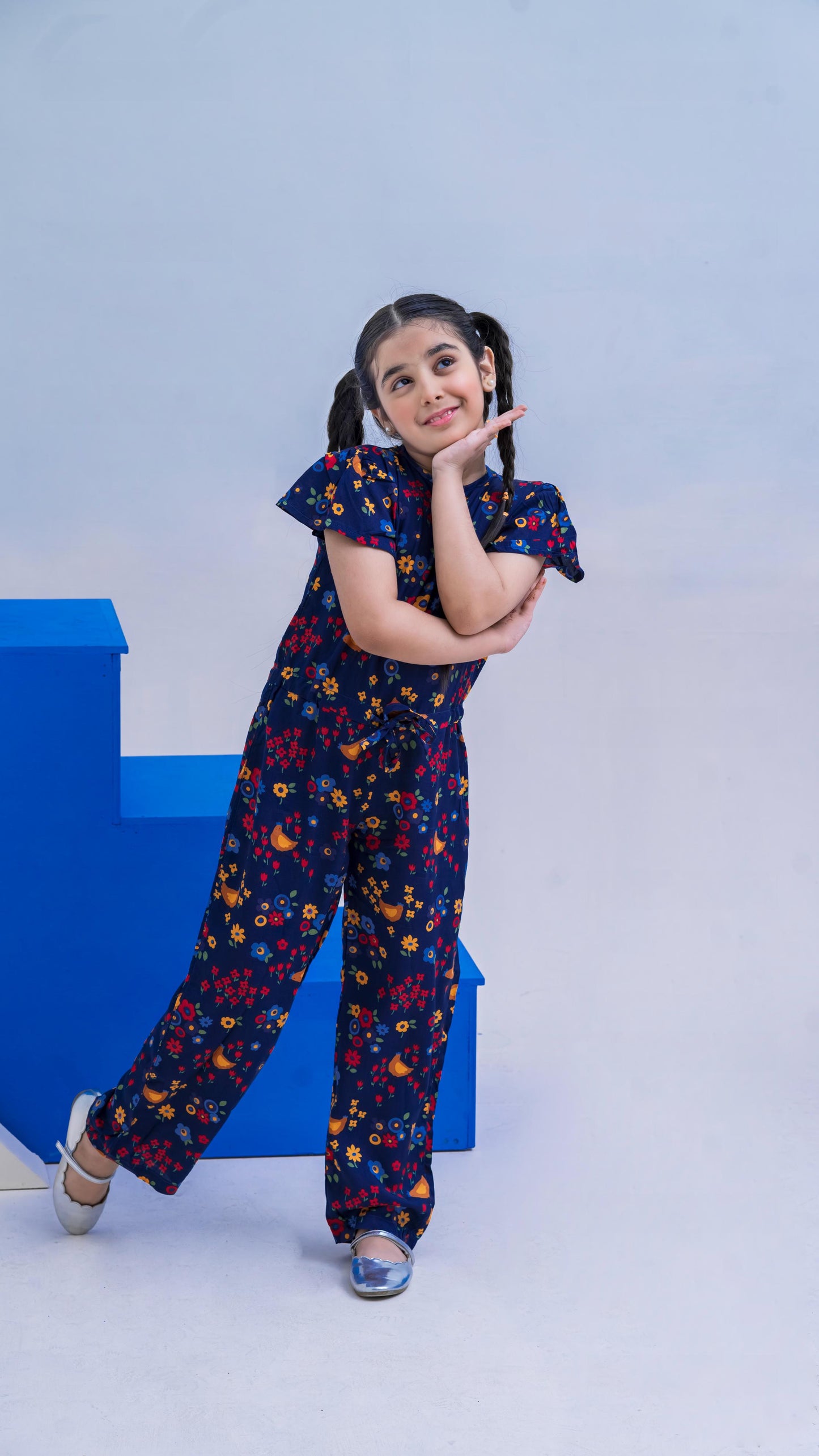 Allover Flowers Print Belted Jumpsuit Girls-2403-Navy