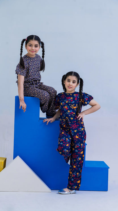 Allover Flowers Print Belted Jumpsuit Girls-2403-Navy