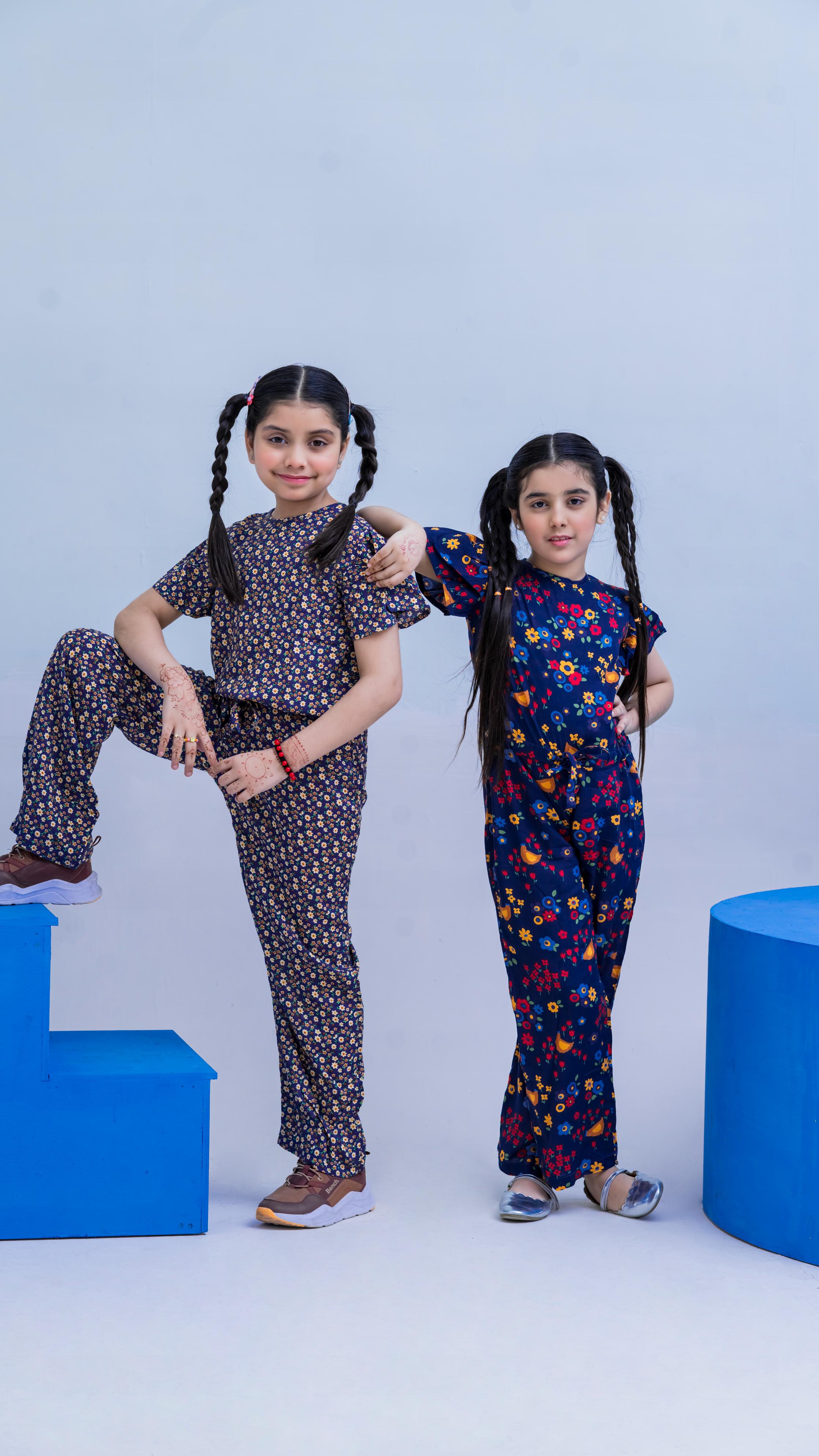 Allover Flowers Print Belted Jumpsuit Girls-2403-Navy