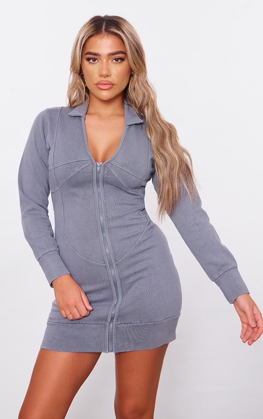 PLT Exposed Seam Zip Up Sweat Bodycon Dress-2373-Charcoal