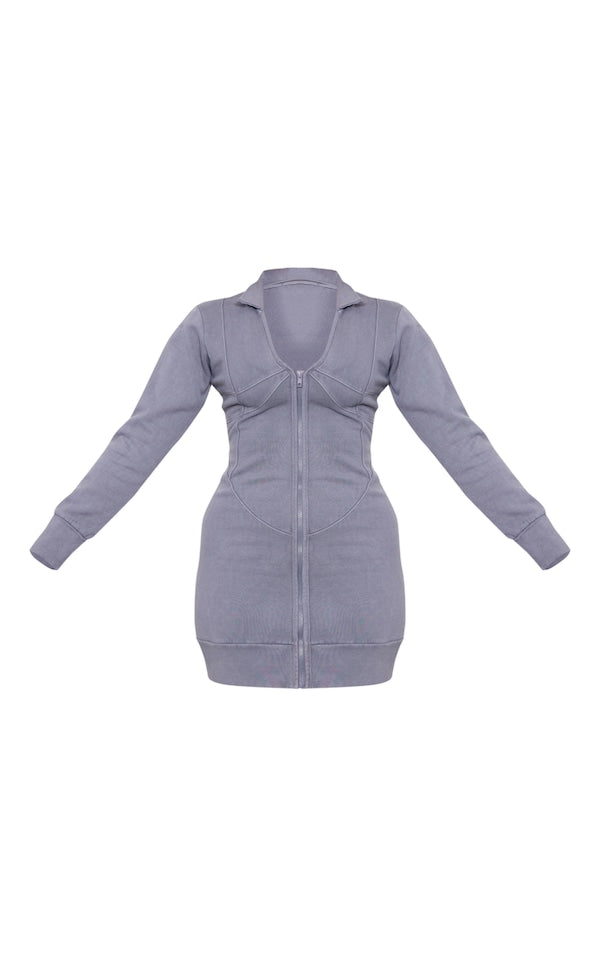 PLT Exposed Seam Zip Up Sweat Bodycon Dress-2373-Charcoal