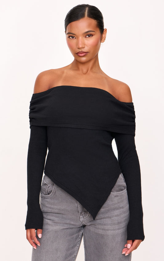 Foldover Bardoat Dipped Hem Long Top-2639