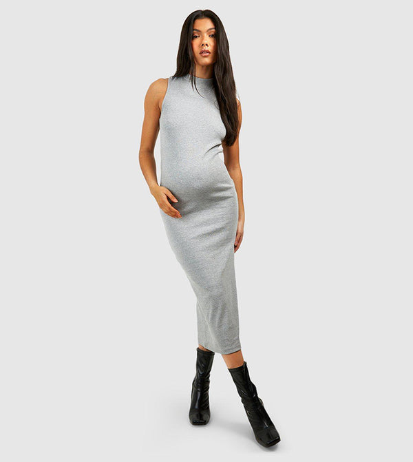 BH Maternity High Neck Racer Back Midaxi Dress-2495-Grey