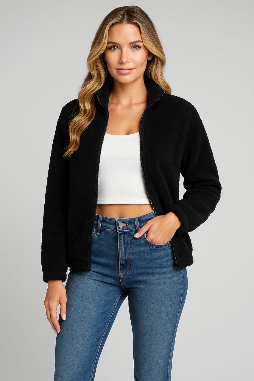 2785-Crazyage Furr Zip Up Long Sleeve Jacket Women