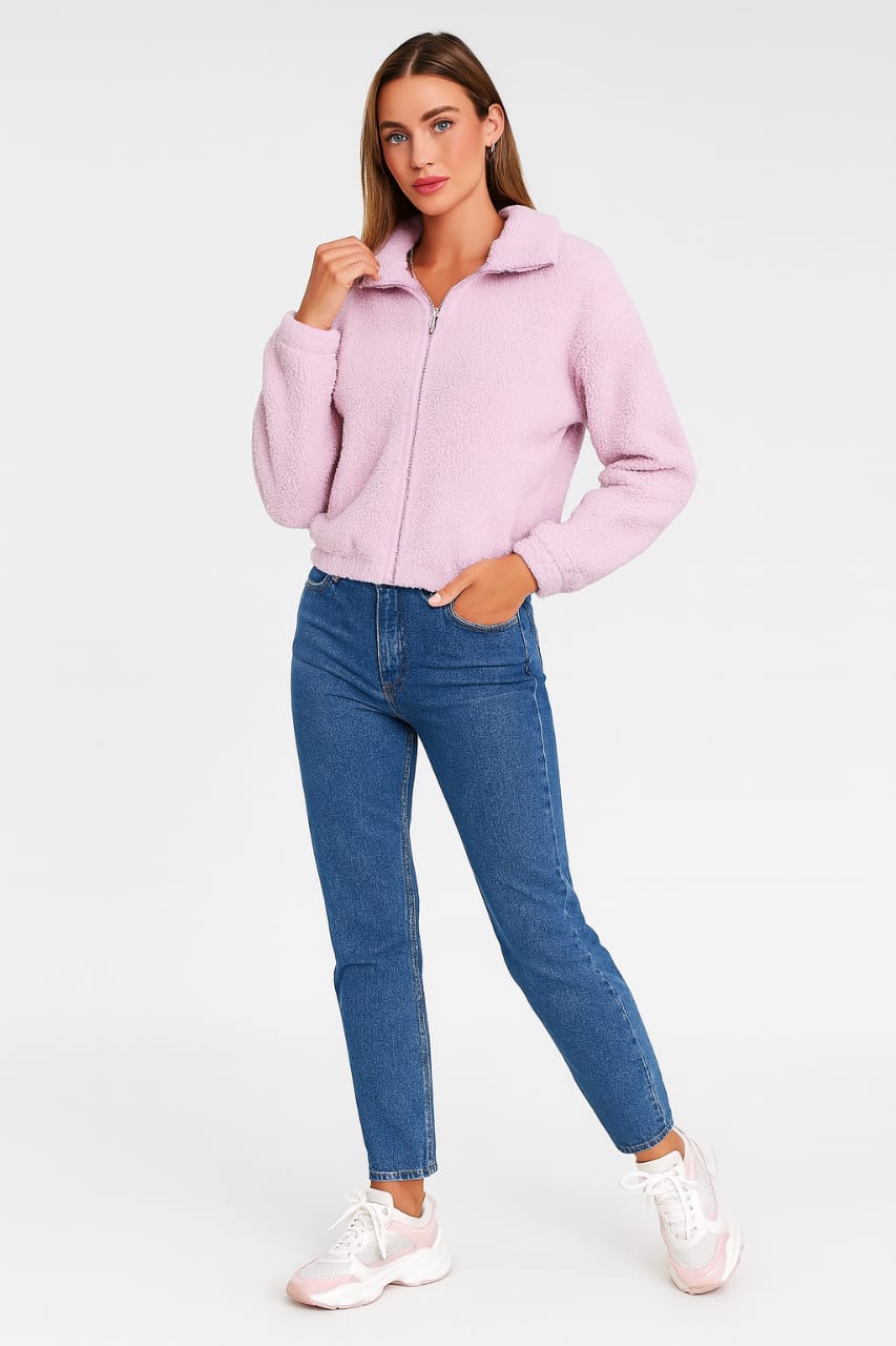 2785-Crazyage Furr Zip Up Long Sleeve Jacket Women