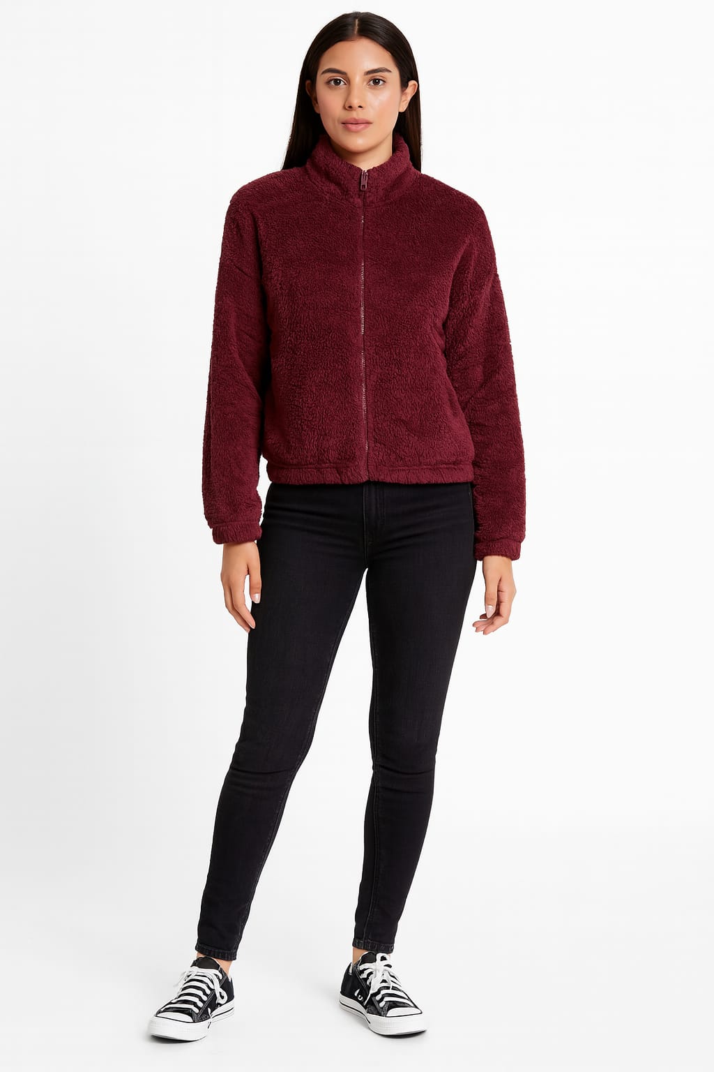 2785-Crazyage Furr Zip Up Long Sleeve Jacket Women