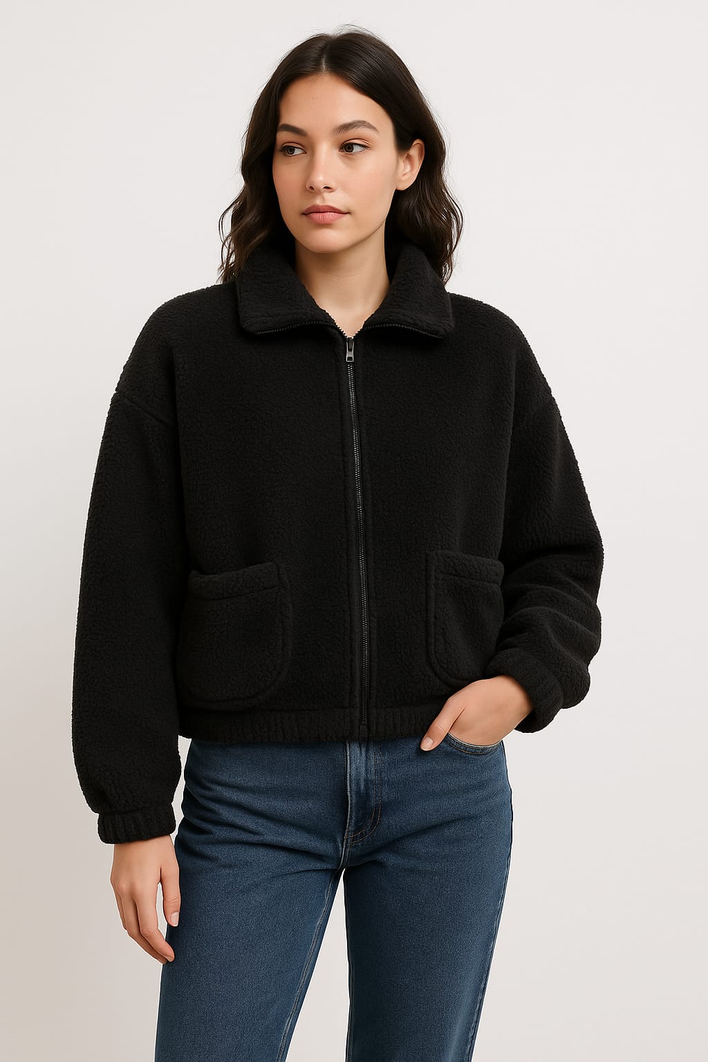 2788-Crazyage Furr Full Zip Jacket With Front Pocket Women