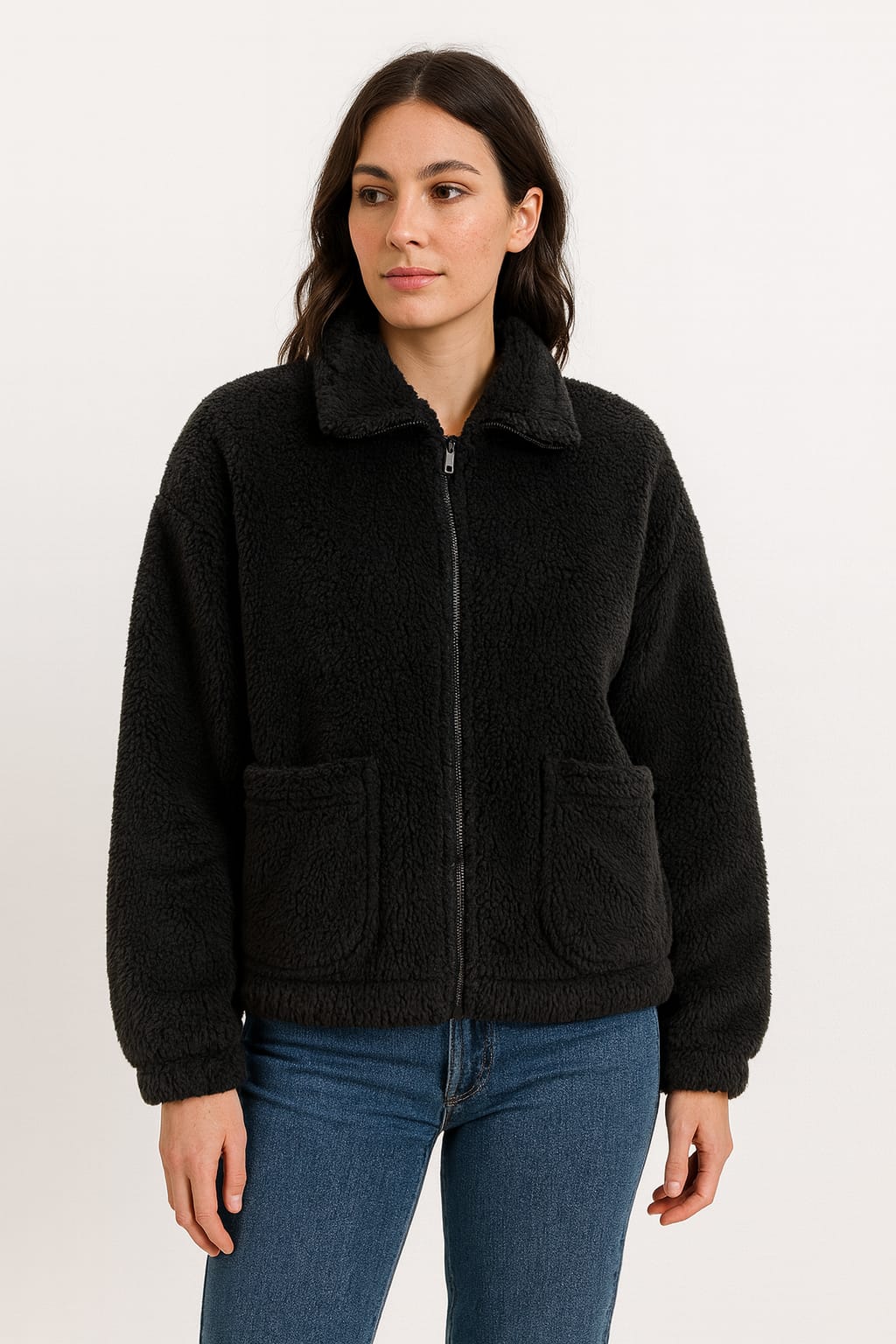 2788-Crazyage Furr Full Zip Jacket With Front Pocket Women