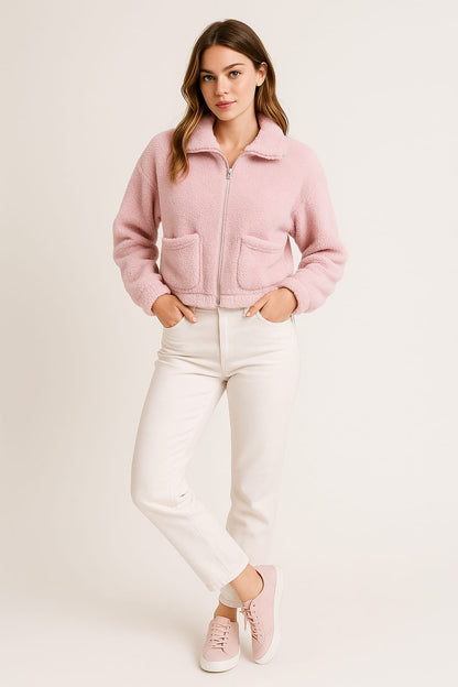 2788-Crazyage Furr Full Zip Jacket With Front Pocket Women