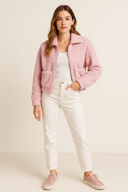 2788-Crazyage Furr Full Zip Jacket With Front Pocket Women