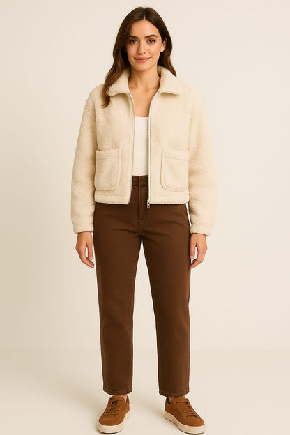 2788-Crazyage Furr Full Zip Jacket With Front Pocket Women