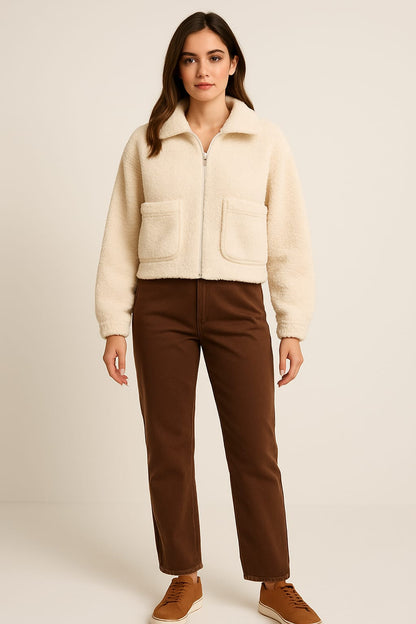 2788-Crazyage Furr Full Zip Jacket With Front Pocket Women