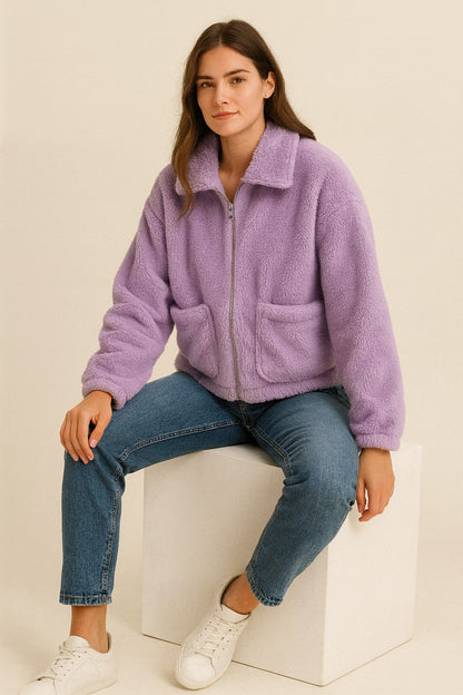 2788-Crazyage Furr Full Zip Jacket With Front Pocket Women