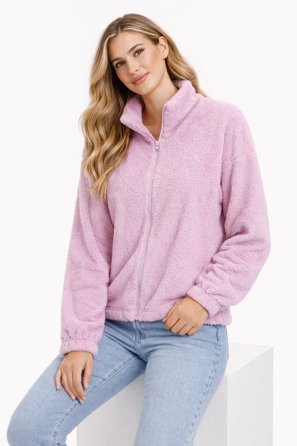 2785-Crazyage Furr Zip Up Long Sleeve Jacket Women