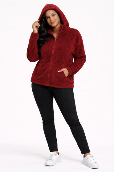 2786-Crazyage Furr Full Zip Drop Shoulder Hoodie Women