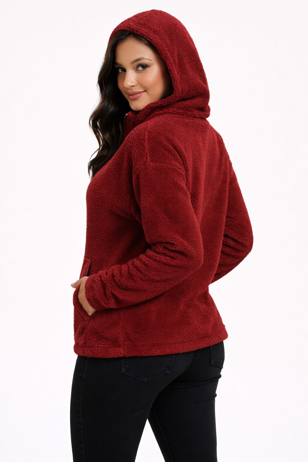 2786-Crazyage Furr Full Zip Drop Shoulder Hoodie Women