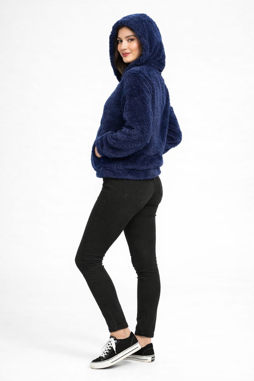 2786-Crazyage Furr Full Zip Drop Shoulder Hoodie Women