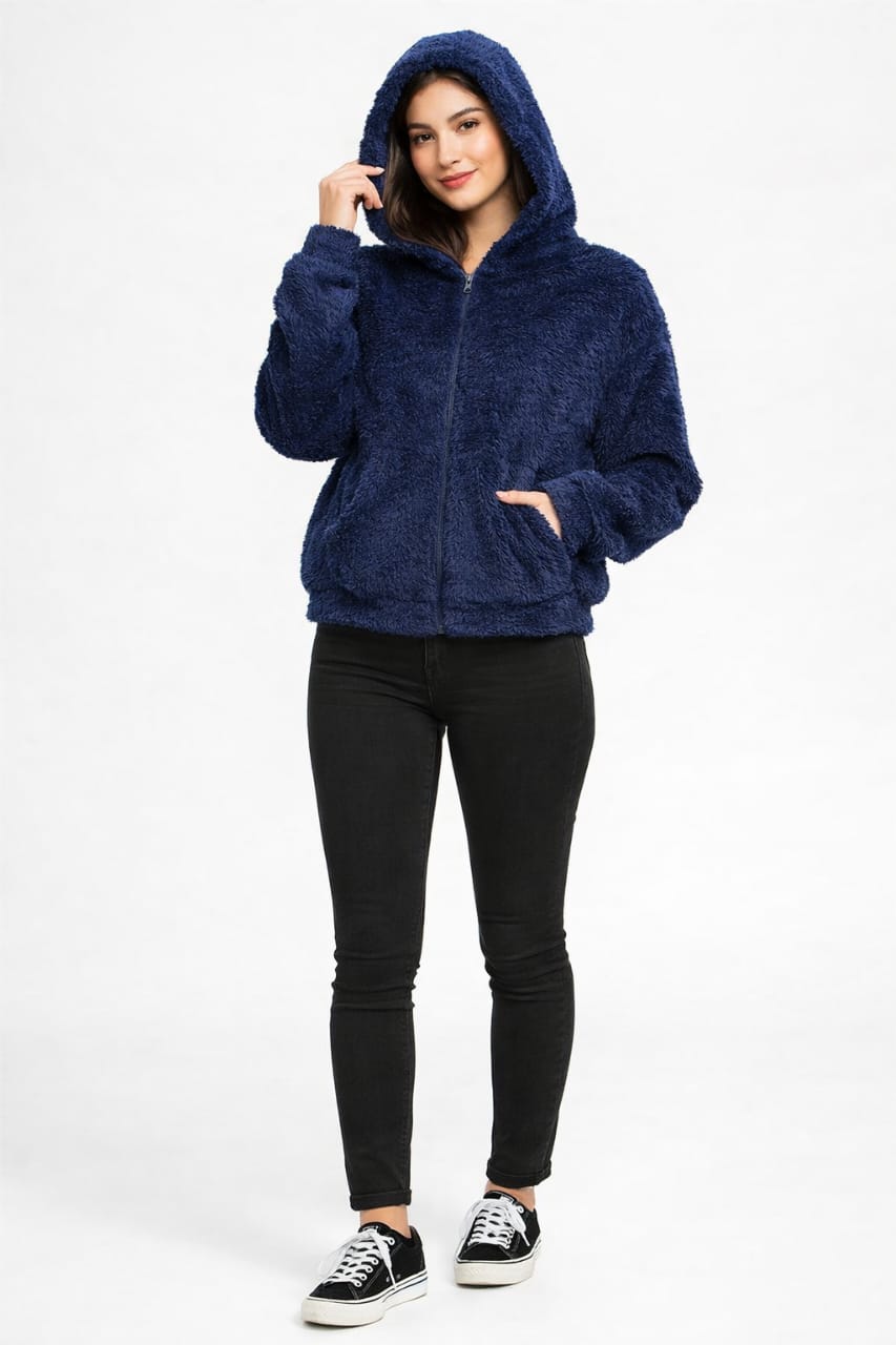 2786-Crazyage Furr Full Zip Drop Shoulder Hoodie Women