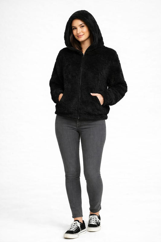 2786-Crazyage Furr Full Zip Drop Shoulder Hoodie Women