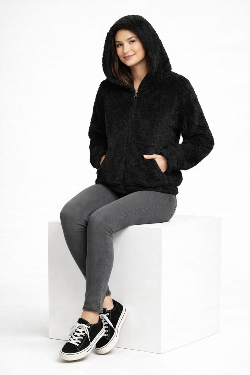 2786-Crazyage Furr Full Zip Drop Shoulder Hoodie Women
