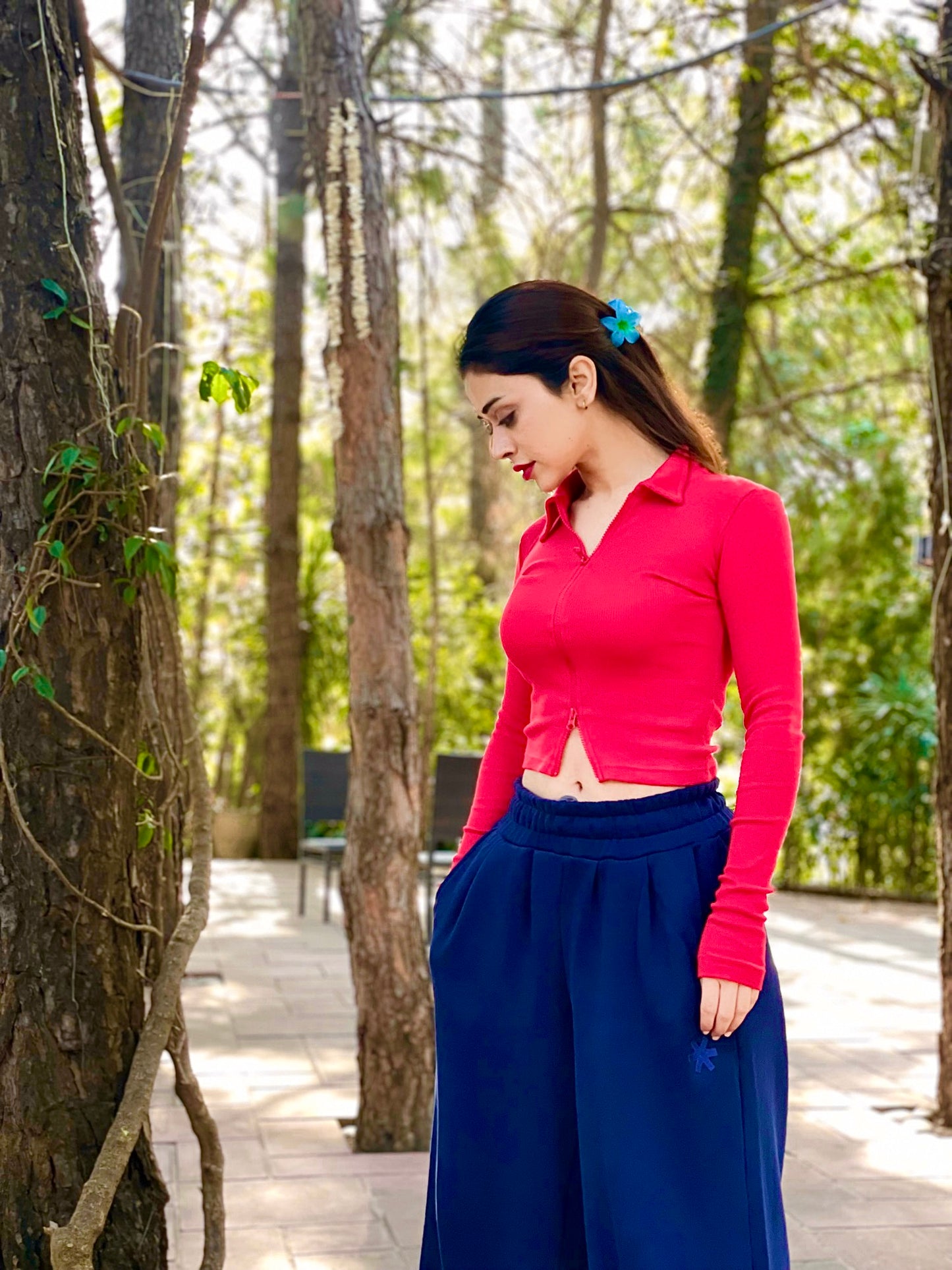 Rib collar double zip top-PLT-2410-Red