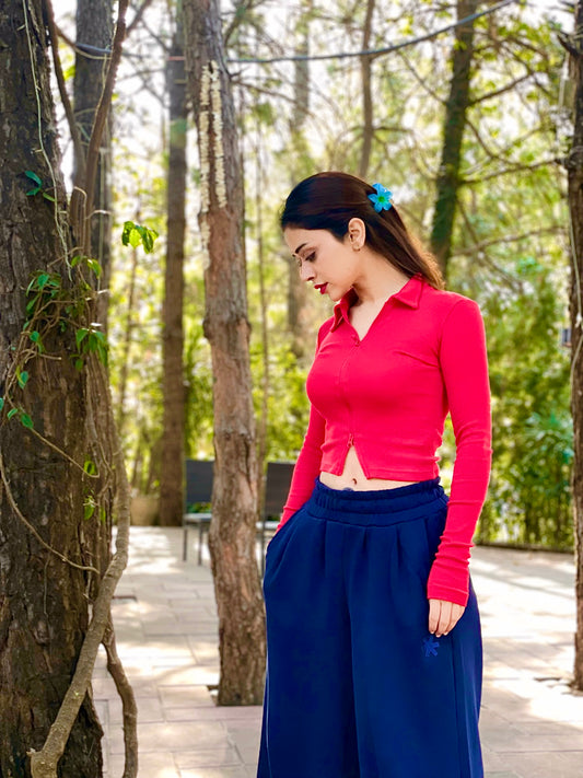 Rib collar double zip top-PLT-2410-Red