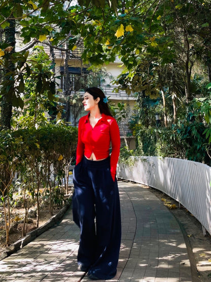 Rib collar double zip top-PLT-2410-Red