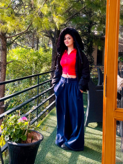 Rib collar double zip top-PLT-2410-Red