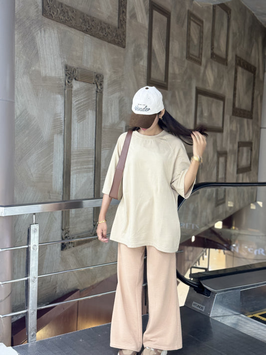 2700- Raglan Sleeve  Oversize Plain T Shirt Women-Beige